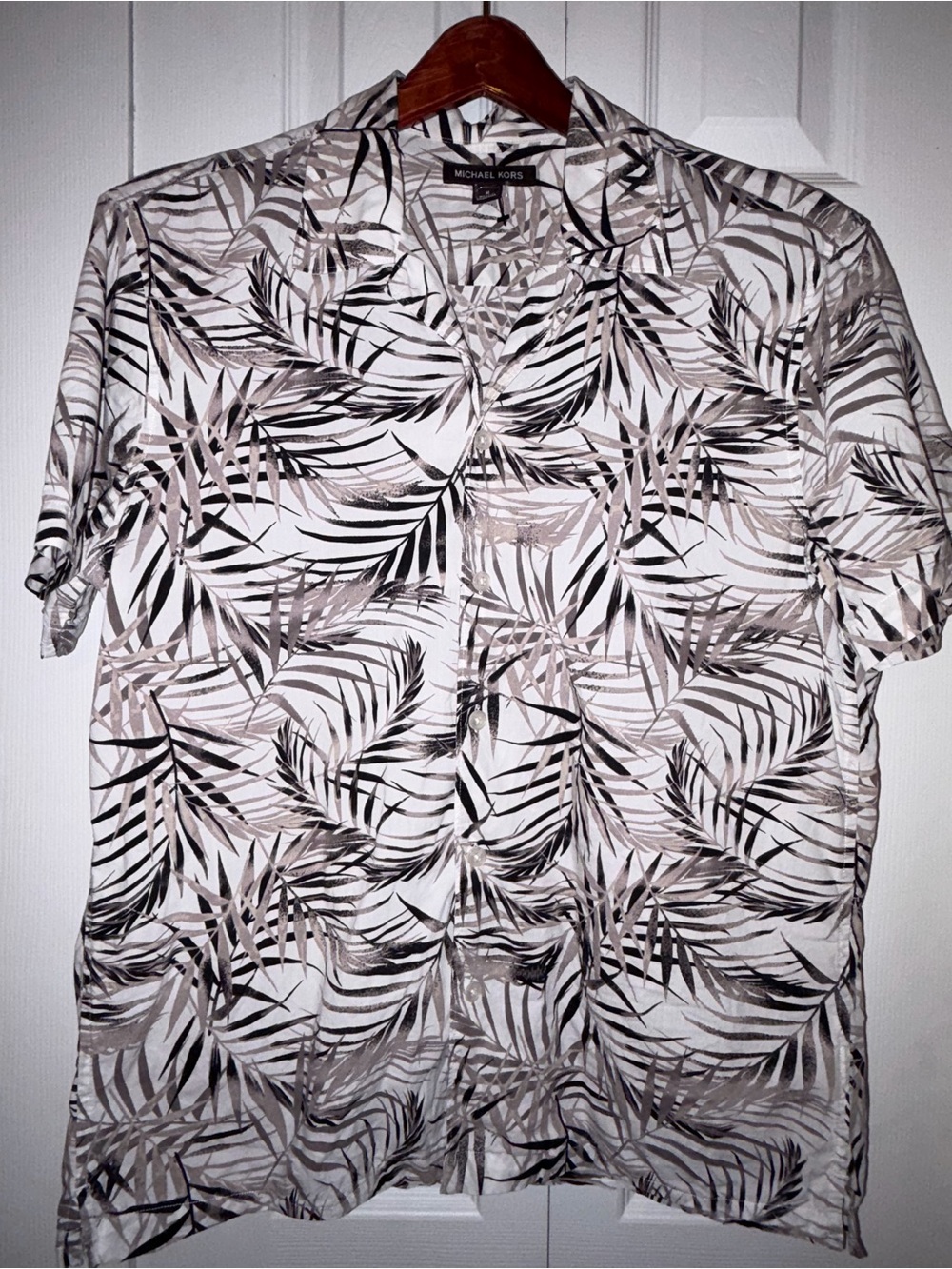 Michael Kors Palm-Print Short Sleeve Shirt in White and Taupe